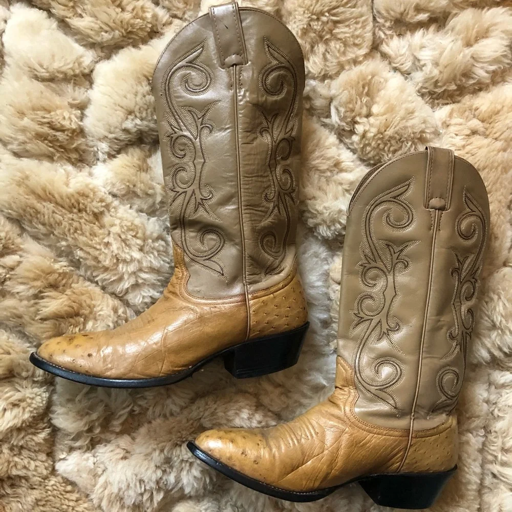 Cowboy boots 9.5/10 women 8D mens tan beige ostrich vintage - Picture 1 of 8